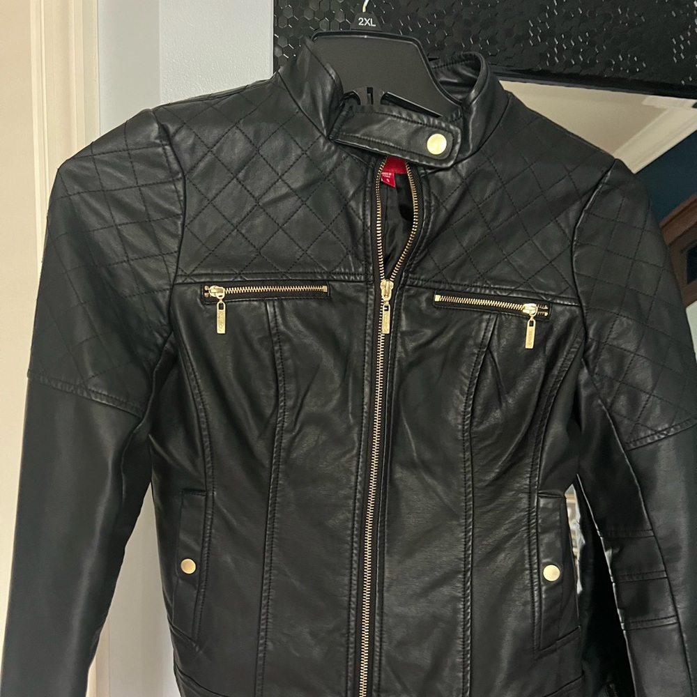 Band collar faux leather jacket in black